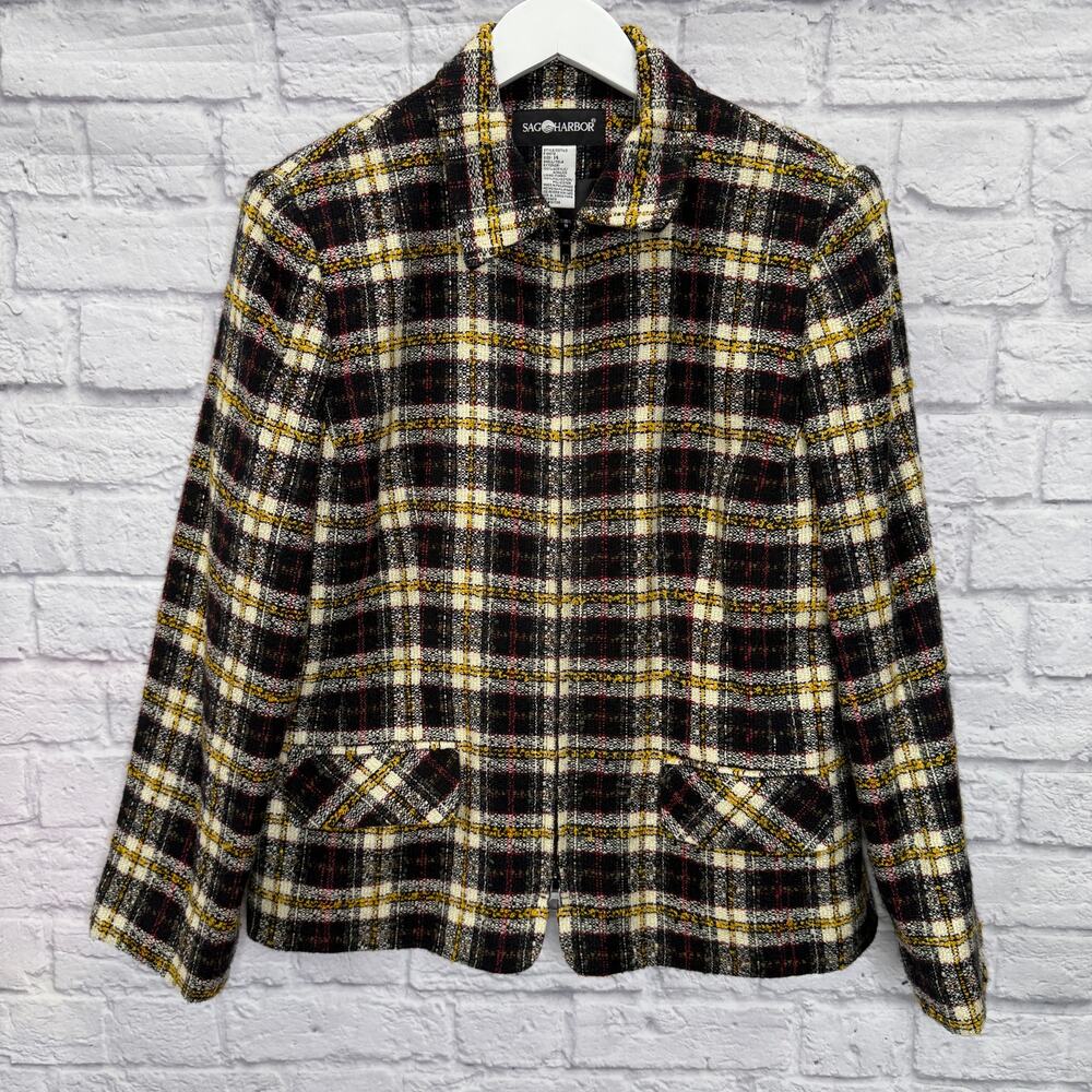 Vintage Sag Harbor Yellow Black Plaid Shacket Blazer Zip Size 14 Academia Y2K